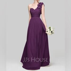 JJ’s House A-Line One-Shoulder Chiffon Grape Maxi Dress With Ruffle Flower Strap